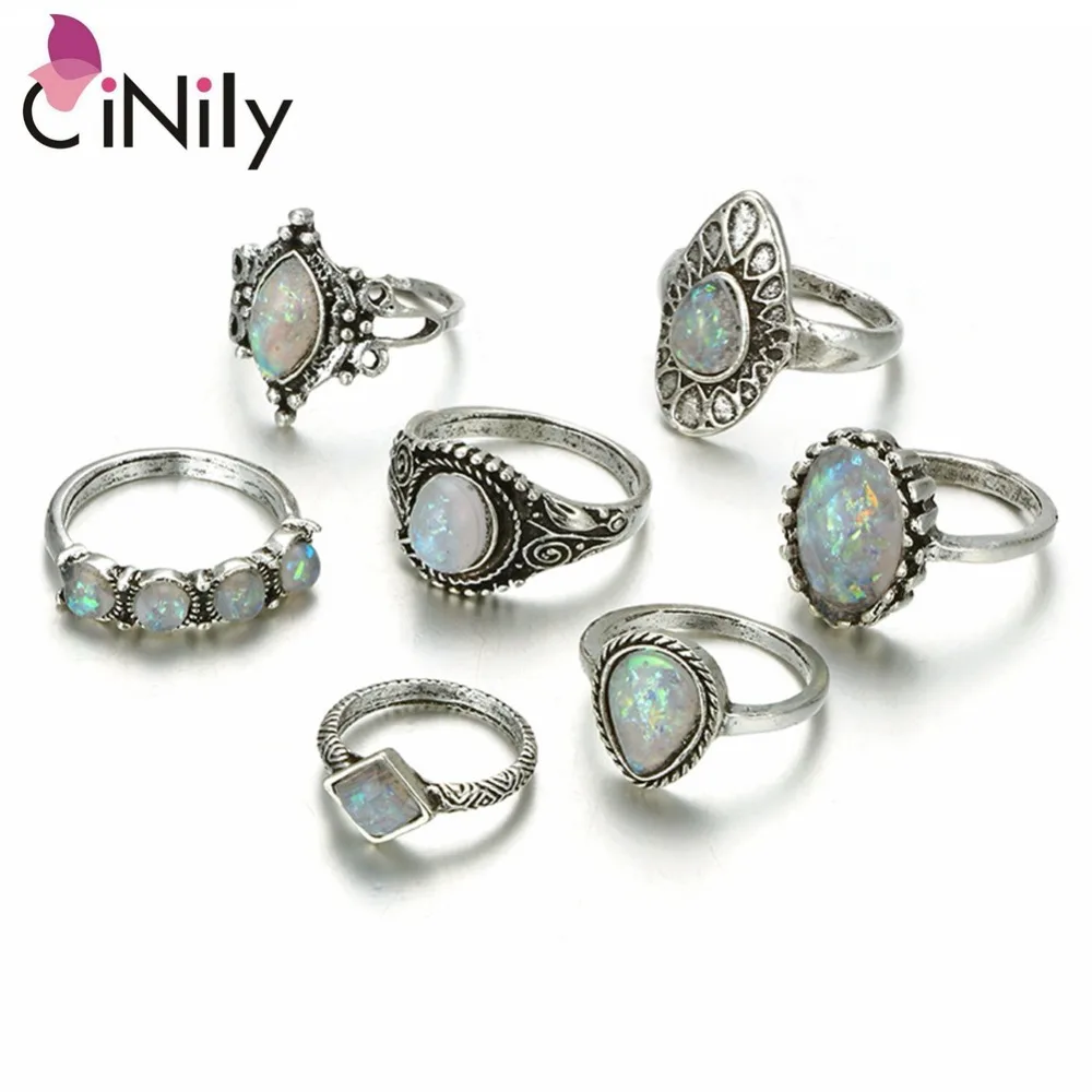 

CiNily 7pcs / set Bohemian Geometric Pattern Flower Rings Created White Opal Silver Plated Fashion Jewelry for Women Ring SJ002