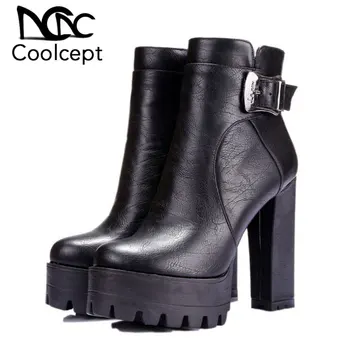 

CoolCept Drop Shipping Women Boots Ankle Belt Buckle Side Zipper Warm Fur Thick Platform Knight Boots Shoe Footwear Size 32-42