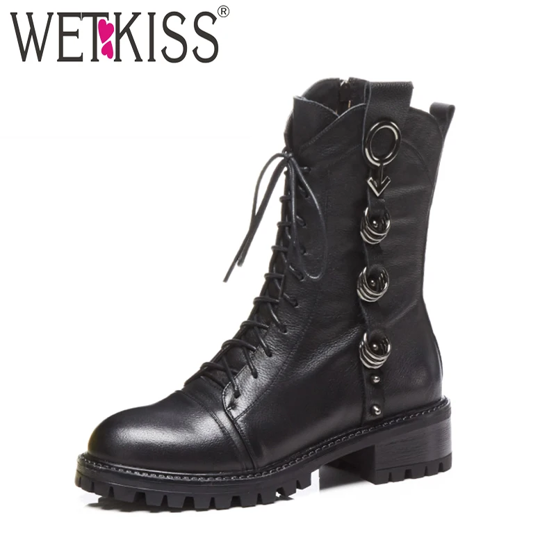 

WETKISS Thick Heels Platform Women Motorcycle Boots Zip Round Toe Footwear Leather Ladies Boot Military Shoes Woman Winter 2018