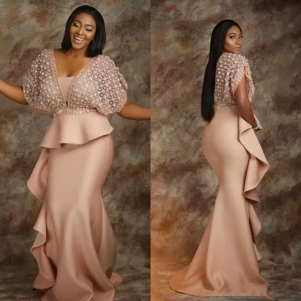 Pearl Pink Lace Evening Dresses 2018 African Saudi Arabia Formal Dress For Women Sheath Prom Gowns Celebrity Robe De Soiree149