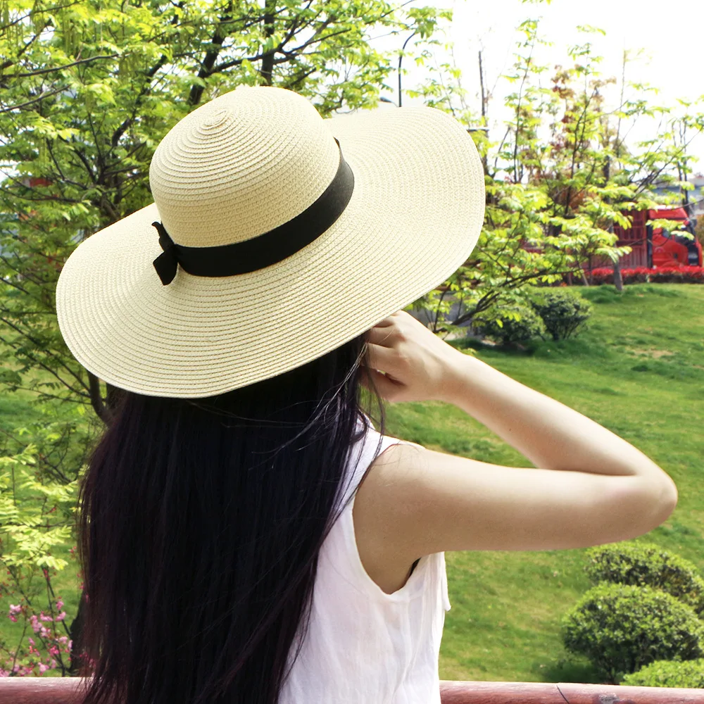 حار بيع الصيف القبعات الشمس للنساء كبيرة أسنانها بشرائط القوس الشاطئ قبعة قبعة السيدات الشمس uv حماية chapeu feminino