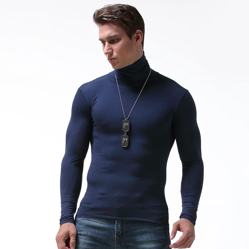 Термобелье из хлопка размера плюс, мужские эластичные кальсоны с высоким воротником, водолазка, футболка с длинным рукавом для мужчин, футболки 2533 - Цвет: Синий