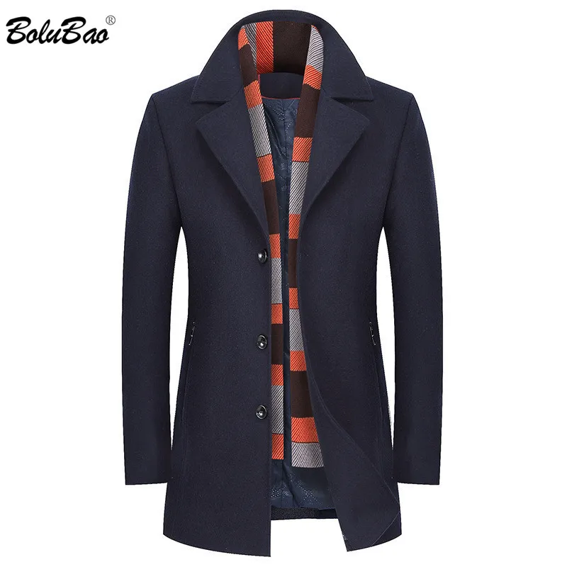 BOLUBAO New Men Wool Blends Coats Winter Thick Warm High Quality Men's Wool Coat Male With Scarf Casual Wool Blends Overcoat