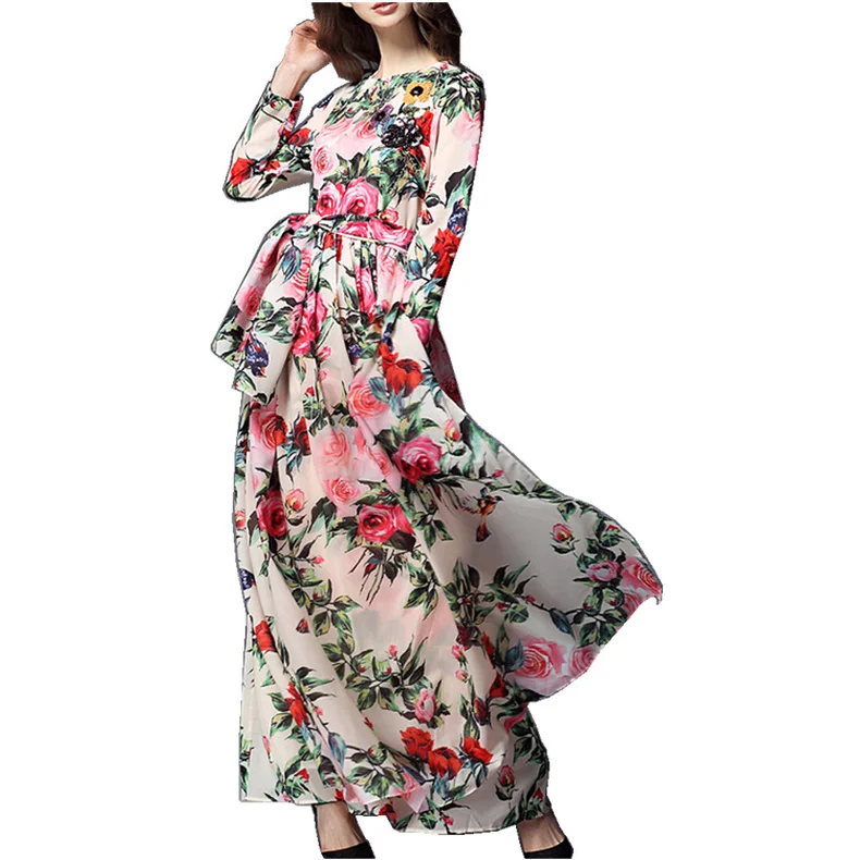 

Printed Waistband Dress Vestidos Verano 2018 Full Sleeved Big Hem O-Neck Casual Long Floral Dresses Elegant Thin Flower Sukienka