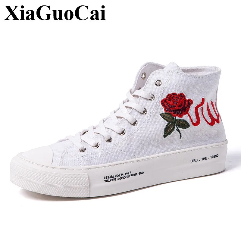 

New Men Canvas Shoes with Floral Decor High Top Breathable Lace Up Platform Flat Causal Shoes Retro Stylish White Black Skate