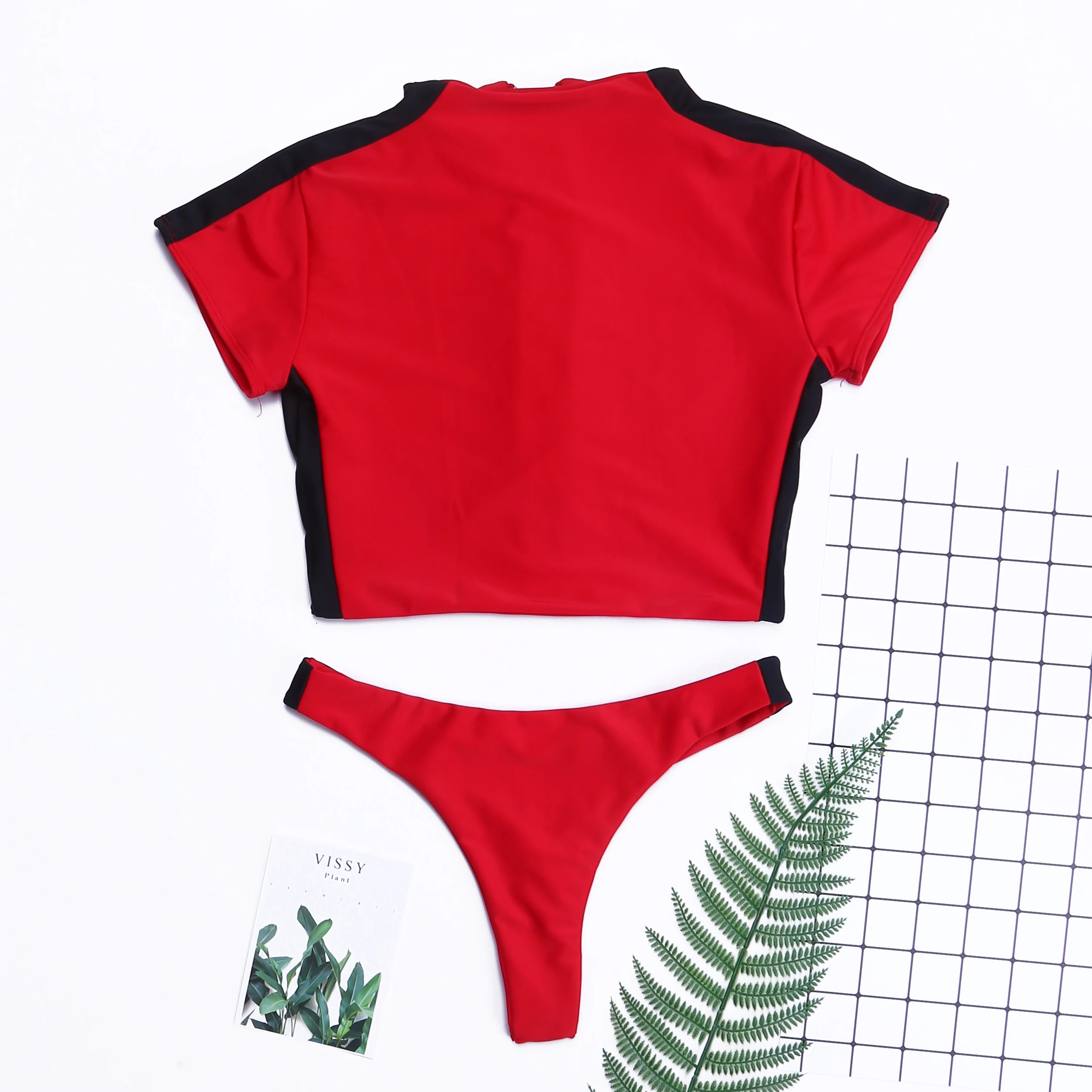 Новые женские купальники из двух частей Танкини модные однотонные на молнии с короткими рукавами купальные трусики купальник для серфинга - Цвет: Красный