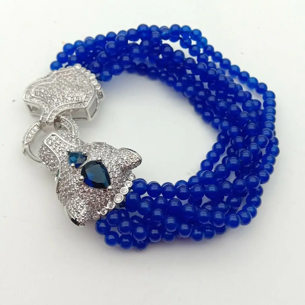 

7 Strands 8'' Blue Gems Stone Bracelet Cz Pave Clasp