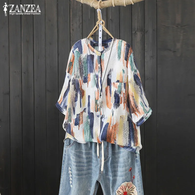 زائد حجم المطبوعة تونك المرأة الصيف بلوزة 2019 ZANZEA زر أسفل قمصان نصف كم Blusas قميص غير المتكافئة قمم 5XL