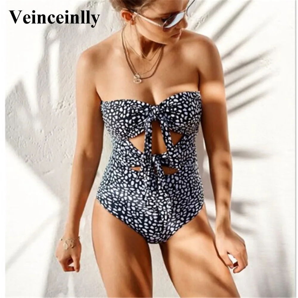 Printed Bandeau One Piece Swimsuit Women Swimwear Female 2019 Bather Sexy Knotted Bathing Suit Swim Wear Monokini Y1172