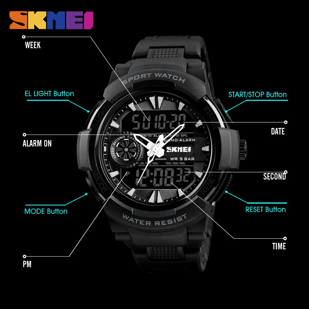 SKMEI 1320 цифровой 2 раз подсветкой Наручные часы хронограф жизнь Водонепроницаемый