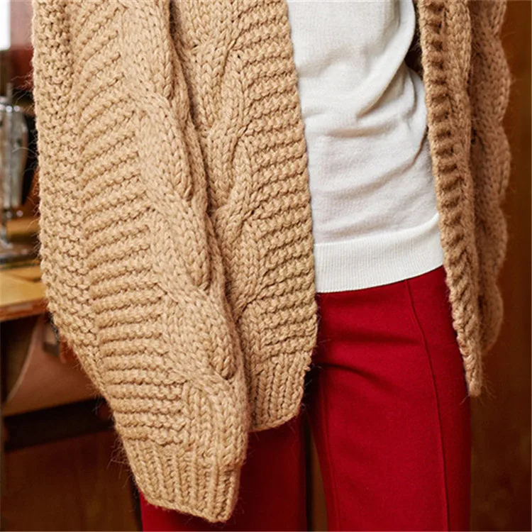 Шерстяной, ручной работы толстые трикотажные для женщин street Твердые Vneck свободные короткий свитер кардиган один и более размеры
