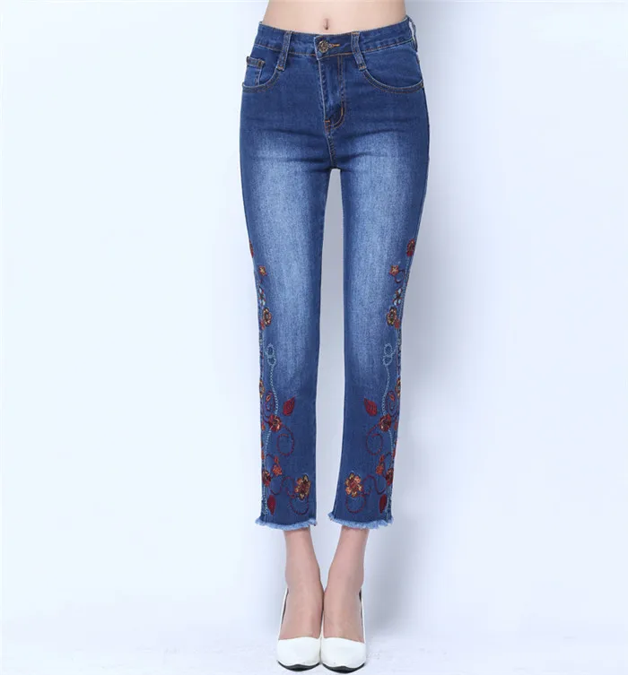 Весенние вышитые с манжетами маленькие прямые вышитые джинсы женские эластичные