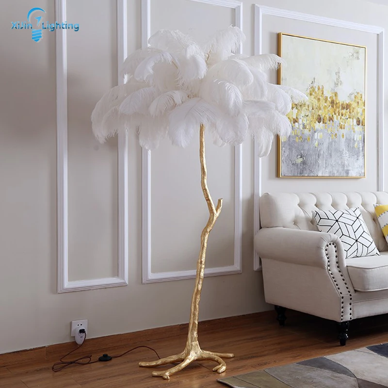 Современный торшер страусиное перо золотой медный материал торшер стоячие лампы для гостиной спальни лампа