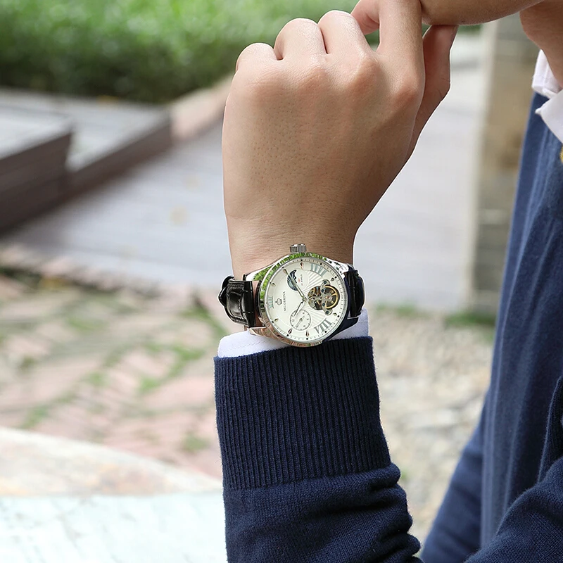 MG. ORKINA, мужские деловые автоматические часы, механические турбийны часы, водонепроницаемые кожаные модные мужские наручные часы