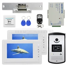 DIYSECUR 7 inch Video Door Phone Kit 1V2 + Strike Lock + Remote Control + Exit Button + Keyfobs + PSU