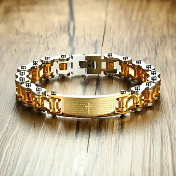 

Gents Two Tone Bible Cross Design Bike Bracelet for Men Stainless Steel Motorcycle Bicycle Chain Braslet Male Jewelry 23.5cm