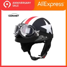 CARCHET Unisex Caschi Da Moto con Gli Occhiali di Protezione Mezza Aperto Viso Striscia di Stelle Casco Retro Vintage 54-60 centimetri Universale Freddo uomo Casco