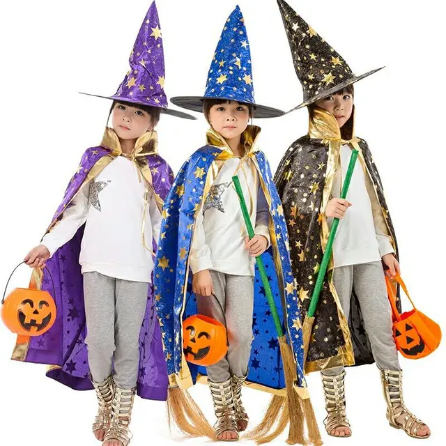 Boy Girl Kids Children Halloween Costumes Witch Wizard Cloak Gown Robe