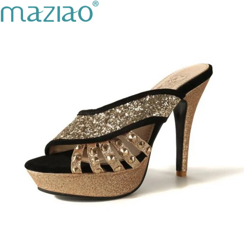 

Summer Women Peep Toe High Heels Sandals Leisure PU Leather Platform Fashion Rivet Slipper New Italian Design Shoes MAZIAO
