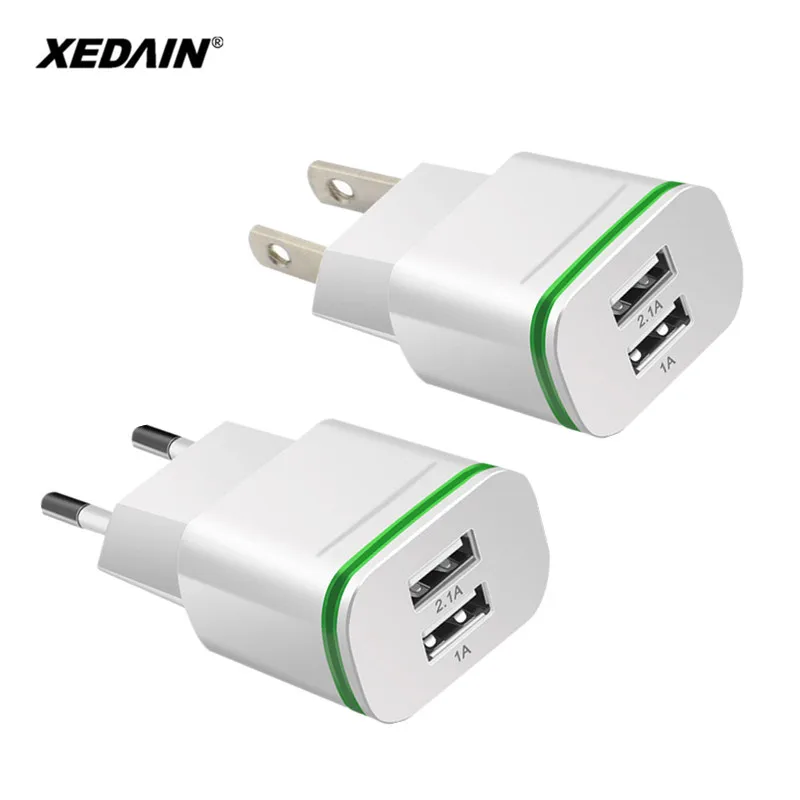 XEDAIN EU/USA Plug 2.1A Wall Charger Dual Ports 2 USB LED Light Fast Charging Power Adapter High Quality Phone USB Fast Charger