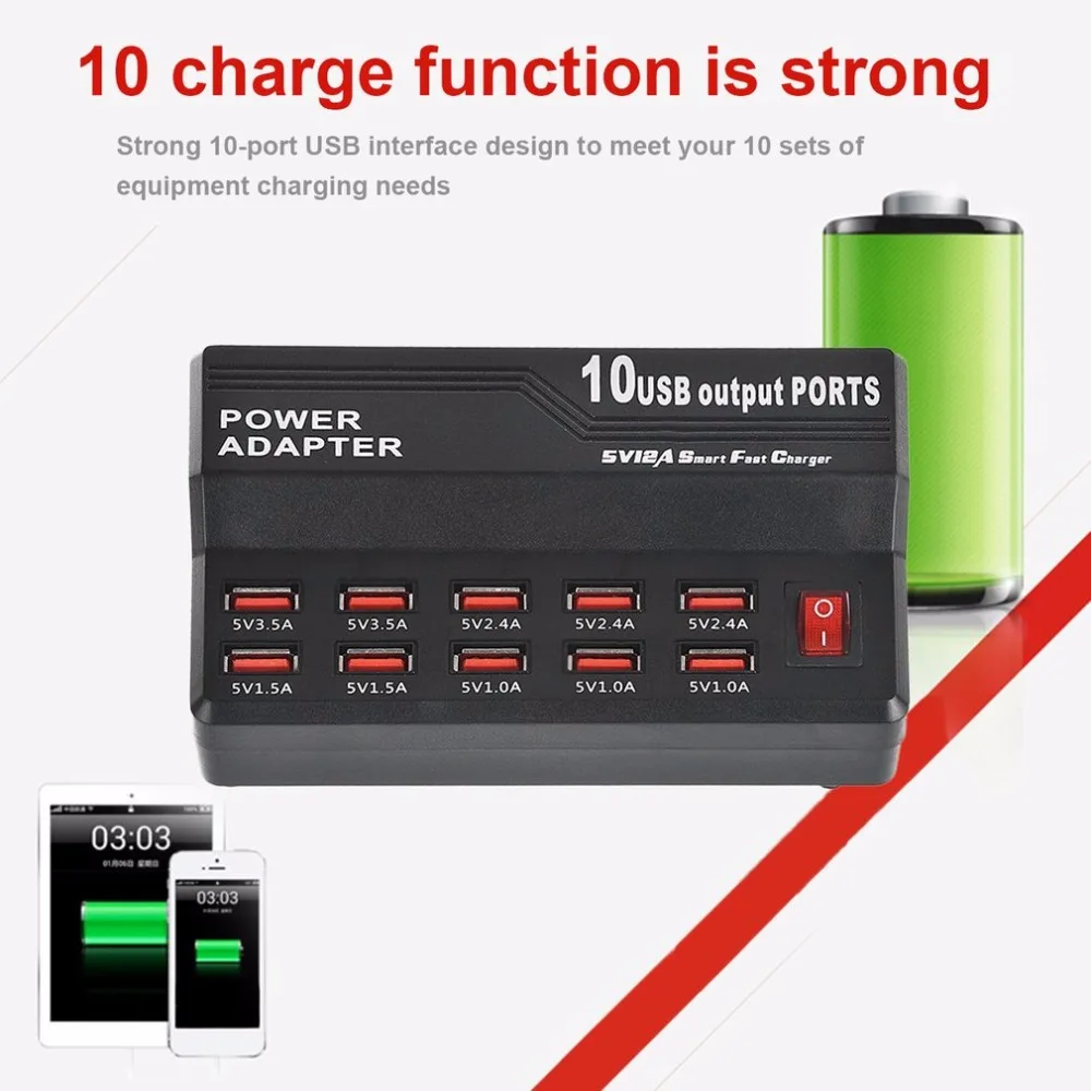 5V 12A 10 Ports Intelligent USB Charging Station AC Power Adapter Fast