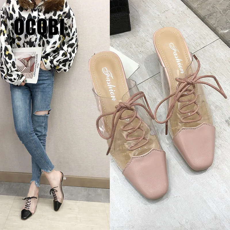 

2019 Summer Hot Transparent PVC Women Sandals Close Toe Clear Lace-up Small Heels Slip On Sandals Dress Ladies Shoe High Chunky