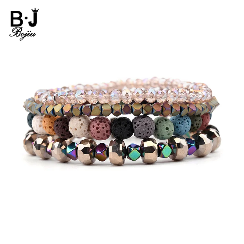 BOJIU 4 Pcs/Set Colored Hematite Lava Stone Bracelets For Women Faceted Brown Gold Crystal Bead Bracelet Female Jewelry BCSET188 | Украшения