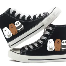 CN We Bare Bears/парусиновые туфли с принтом медведя из мультфильма для мужчин, женщин, мальчиков и девочек, унисекс, высокие парусиновые туфли на плоской подошве черного и белого цвета