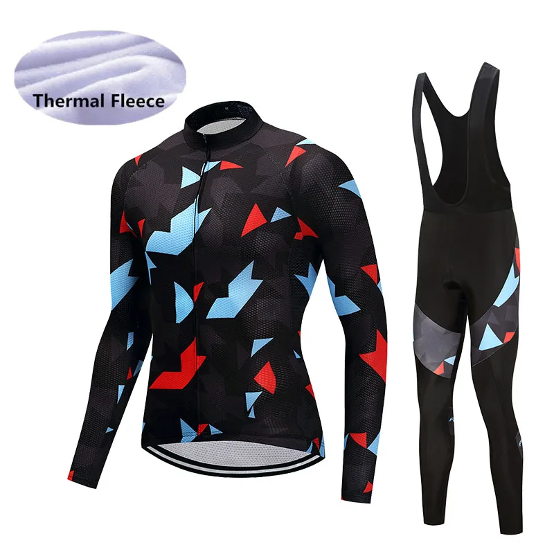 

Winter Thermal Fleece Cycling Jersey Sets for Men Long Sleeve Cycling Pants Maillot Ciclismo Ropa Black Straps Bike Clothing