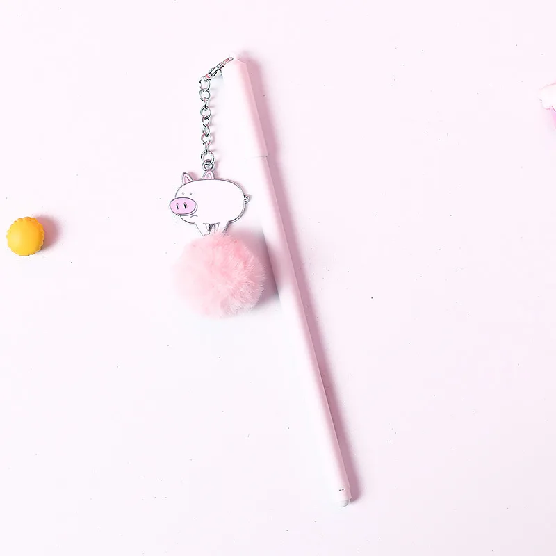 Плюшевый мячик-подвеска в виде мультяшной свиньи, гелевая ручка, милая, 0,5 мм, черные чернила, ручка для подписи, рекламный подарок, канцелярские принадлежности, школьные принадлежности - Цвет: bai