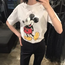 Новые летние модные свободные женские футболки с принтом из мультфильмов, хлопковые топы с короткими рукавами, универсальная Студенческая футболка с дырками