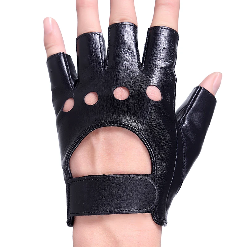 Black Semi-Finger Gloves Genuine Leather Male Sheepskin Mitring Outdoor Ride Motorcycle Men Half Finger Driving Gloves 