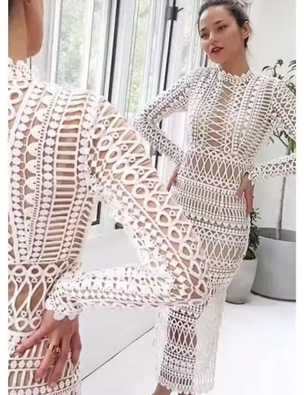 

midi dress Free Shipping 2018 autumn A slim two piece long sleeved beige white lace women runway sexy casual party elegant prom