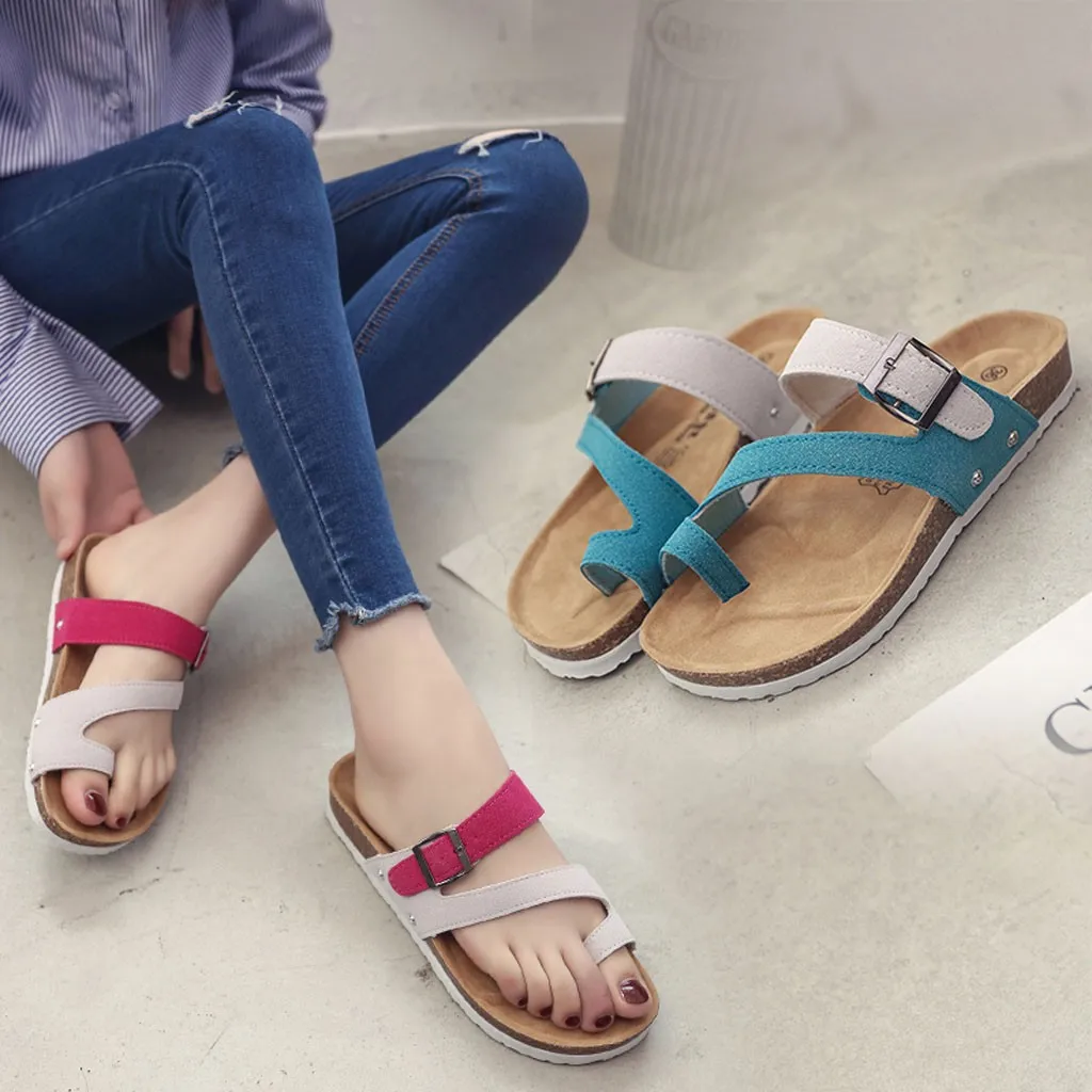 

Fashion Womens Cross Toe Buckle Strap Summer Beach Slippers Flat Cork Slippers summer slippers women 2019 flip flops women