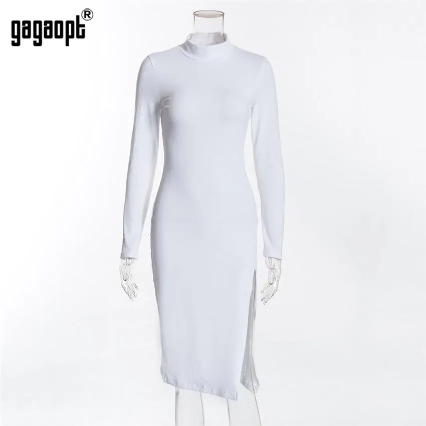 Gagaopt, женское офисное платье, сексуальное, с разрезом, облегающее платье, красное, черное, для девушек, с длинным рукавом, длиной до колен, облегающее платье, Vestidos Robes - Цвет: Белый