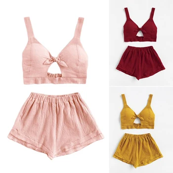 

New Arrival Summer Hot Sale Sexy Bow 2 Pcs Set Women Sexy Tank Crop Tops + Shorts Suits Solid Color Womens Casual Beachwear