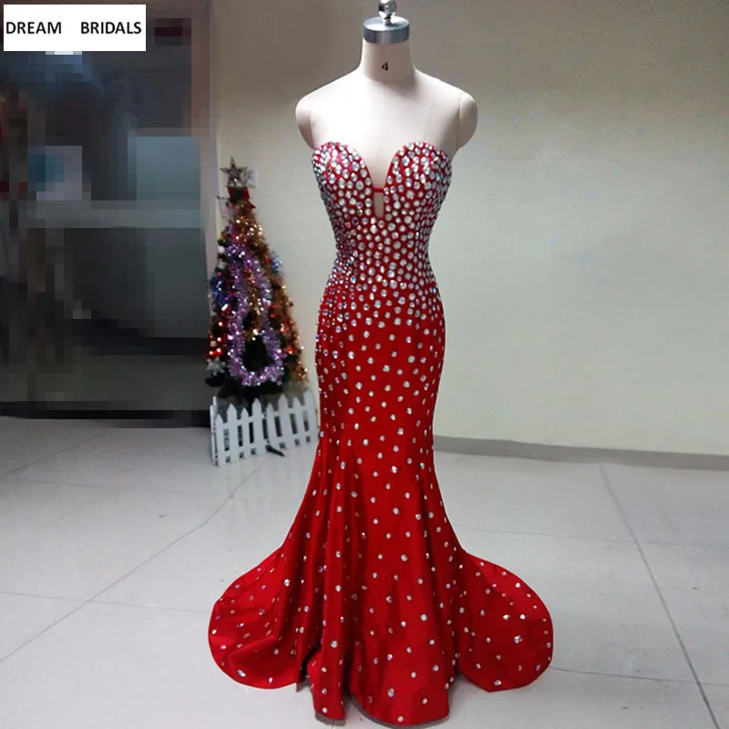 2019 Free Shipping Robe de Soiree Strass Red Mermaid Dress Evening Formal Gowns Sleeveless Sequined Prom Dresses Long Prom Dresses