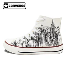 Пользовательские ручной росписью обувь Converse All Star я люблю Нью-Йорк город эскиз высокие кроссовки белого холста Для мужчин Для женщин рождественские подарки