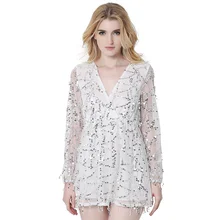 Spring Summer Lace Embroidery Sequined Dress Lady Black White Gold Dress Sexy Deep V Neck Long Sleeve Party Dress Women BA101