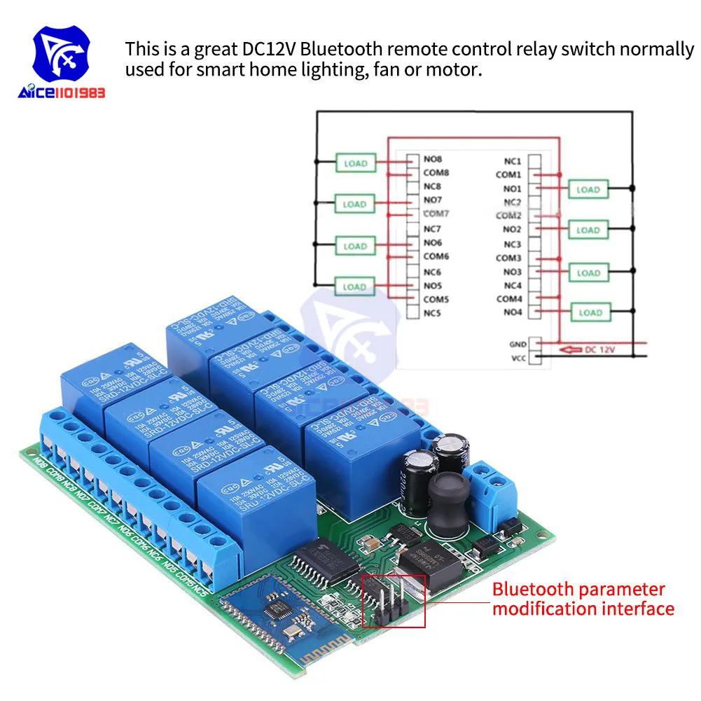 12V 8 Channel Bluetooth Relay Module Remote Control Switch Board for Android Smart Home