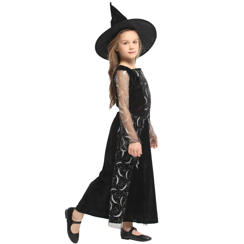 M-XL черный девушки Хэллоуин колдунья костюмы Дети ведьмы Cosplays Пурим карнавал этап игра Маскарад Rave праздничное платье