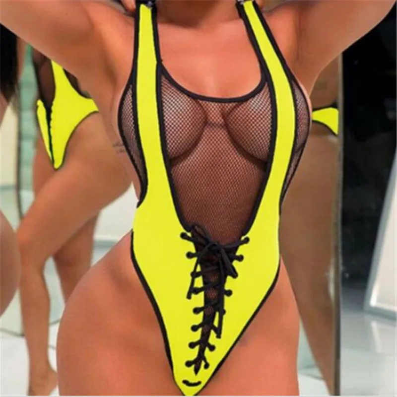 

One Piece Swimsuit Women Strap Halter Monokini Beachwear Lady Swimwear Padded Lace Up Mesh Women Swimming Suit Beach Bikini 2019