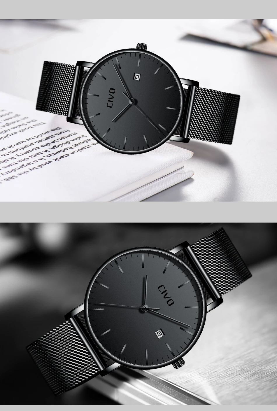CIVO ультратонкие минималистичные водонепроницаемые Модные мужские часы с датой кварцевые наручные часы для мужчин черные часы из