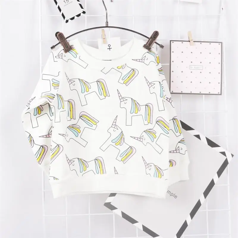 white top Самое Модное платье Осенняя детская толстовка с капюшоном для мальчиков и для девочек с единорогом мультфильм шаблон Детская хлопковая футболка с длинными рукавами, детские топы, одежда для детей возрастом от 12 месяцев до 6 - Цвет: white top