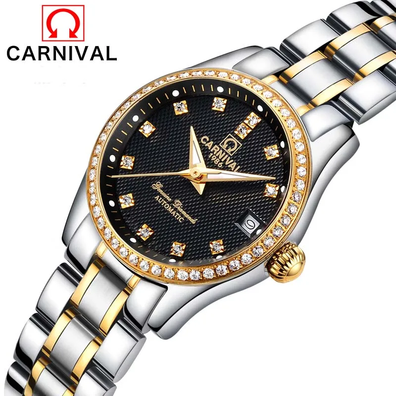 

Carnival Watch Women Automatic Diamond dial Mechanical Luminous Gold Stainless Steel Waterproof Girls Black Watches