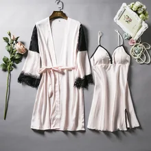 Женское Шелковистое кимоно купальный халат Летний сексуальный 2 шт пижамы кружевной отделкой Нижнее белье Неглиже вискозный шелковый халат Набор Ночная рубашка