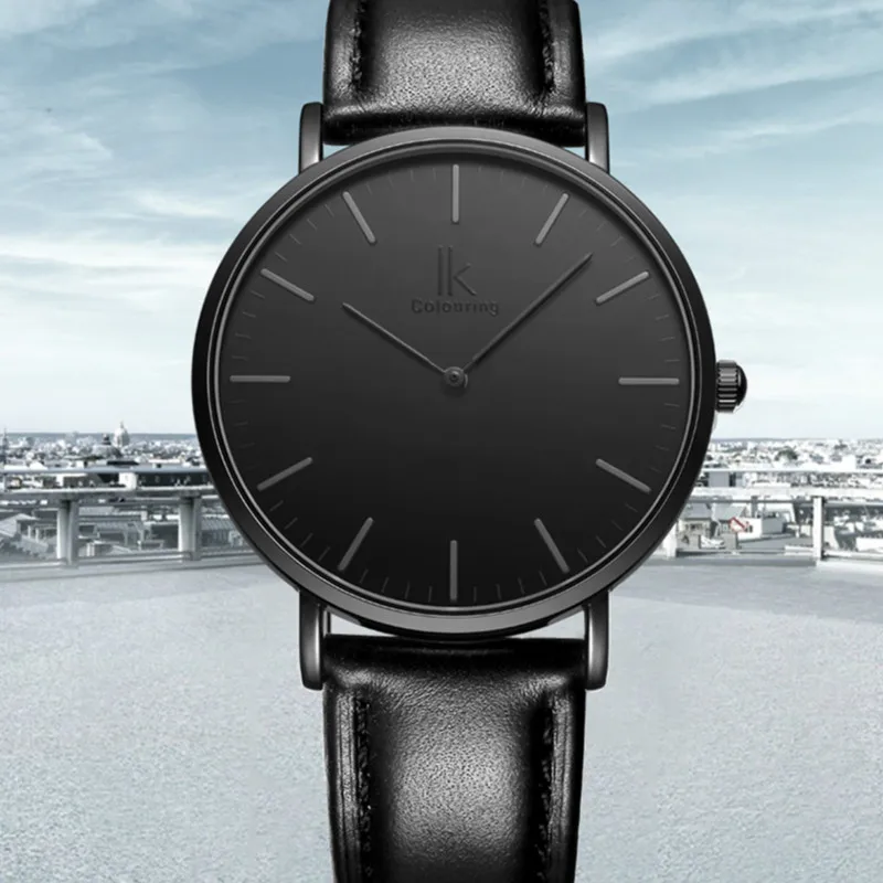 IK Colouring Ultra Thin Minimalist Mens Luxury Genuine Leather Strap Casual Quartz font b Watch b