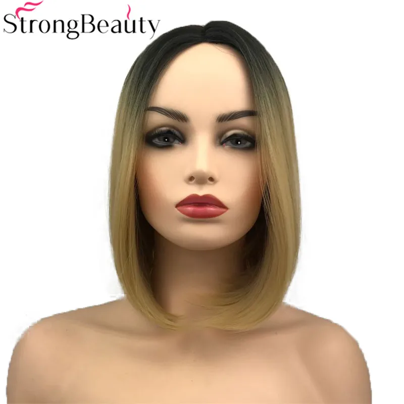 S2083 2R-86 (1) StrongBeauty Short Wigs Straight Synthetic Wig Ombre Flaxen Heat Resistant Hair Full Hair