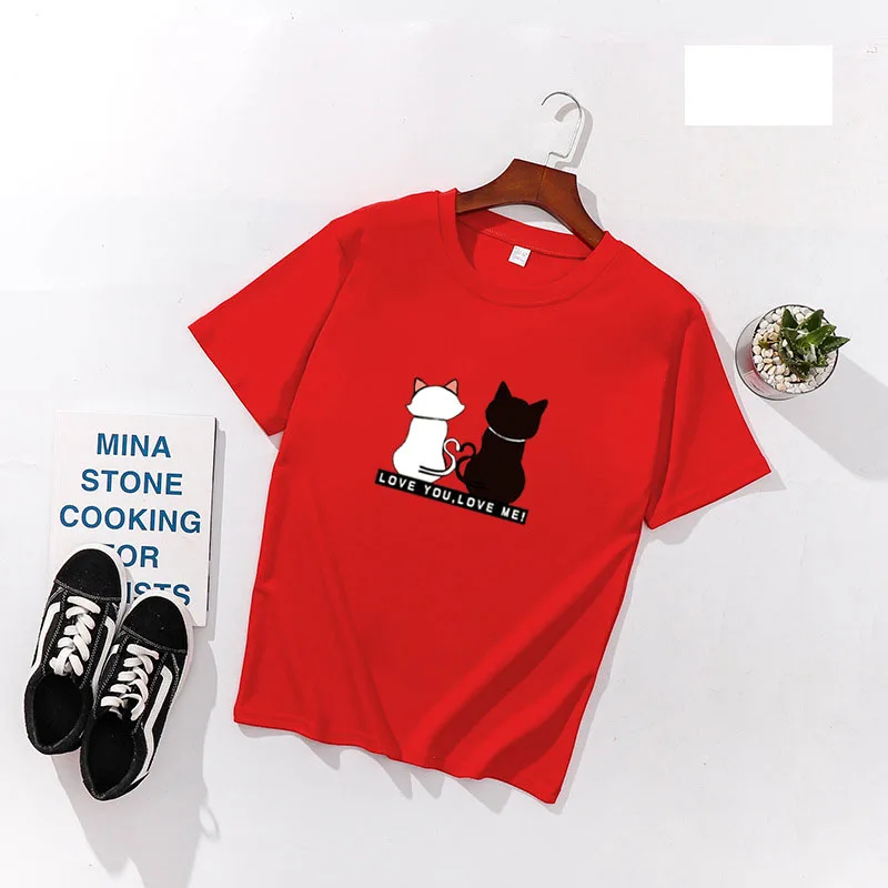 اثنين من القطط طباعة المرأة تي شيرت الربيع الصيف قصيرة الأكمام يا الرقبة القطن دنة النساء قمم المحملات يتأهل النساء تي شيرت