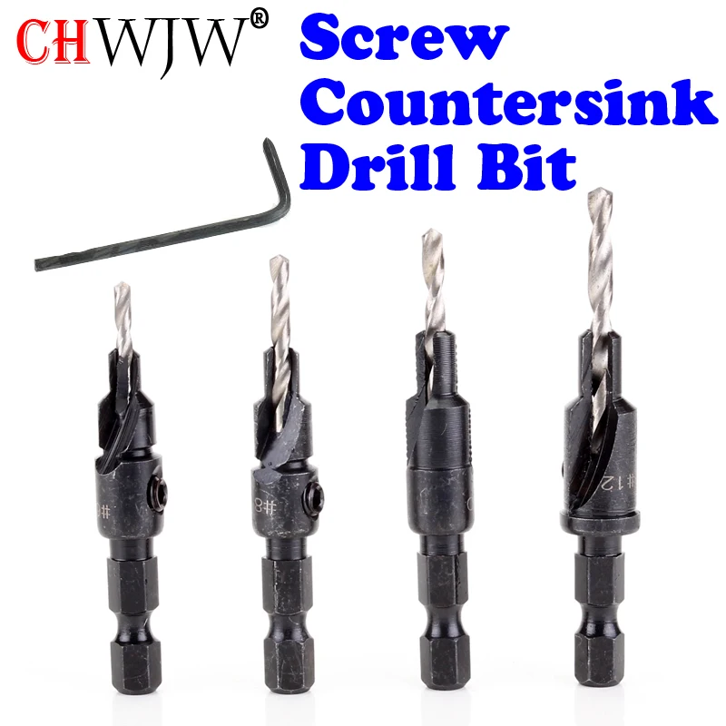

4pcs/set HSS Screw Countersink Drill Bit Set Quick Change Hex Shank #6 #8 #10 #12 Countersink Drill Bits